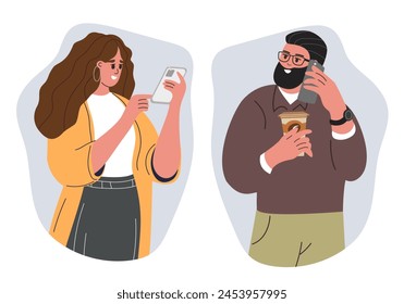 People talking phone. Man and woman have conversation. Business dialog. Couple in love, wife and husband vector illustration