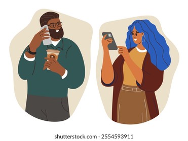 People talking phone. Man and woman have conversation. Business dialog. Couple in love, wife and husband vector illustration