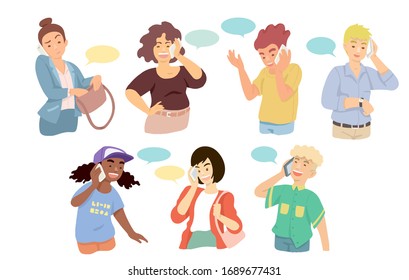 People talking phone. Men and women calling by telephone. Communication and conversation with smartphone vector characters set. Illustration of phone call, speaking social, talking and chatting