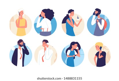 People talking phone. Person, family calling by telephone. Communication and conversation with smartphone vector cartoon characters