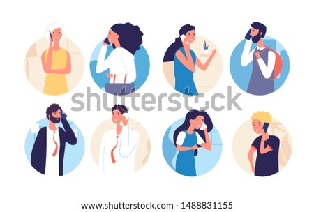 People talking phone. Person, family calling by telephone. Communication and conversation with smartphone vector cartoon characters