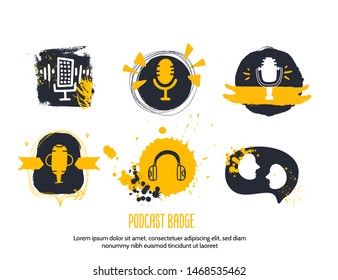 People talking Podcast concept in grunge style. Live music. Karaoke icon. Speaker symbol.