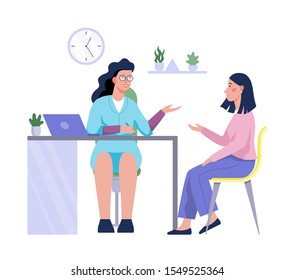 People talking to psychologist. People talking about their problem and emotion, getting professional treatment. Talking to therapist. Mental health support. Vector illustration on white background