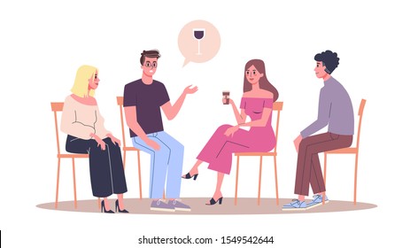 People talking to psychologist. People talking about their problem and emotion, getting professional treatment. Talking to therapist. Mental health support. Vector illustration on white background