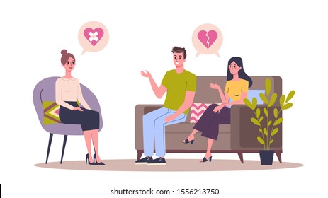 People talking to psychologist. Couple talking about their problem and emotion, getting professional treatment. Talking to therapist. Mental health support. Vector illustration on white background