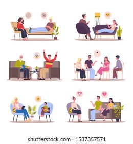 People talking to psychologist set. Vector illustration on white background