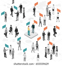 Menschen, die unterschiedliche Ideen sprechen und teilen, Geschäftsleute, die sich im Zentrum die Hände schütteln: Kundenbindung, soziale Medien, Kommunikations- und Marketingkonzept