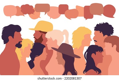 People talking and sharing ideas in multiethnic groups. Community, Speak, and Social. Vector cartoon. Diversity people. Talking dialogue and informing each other.