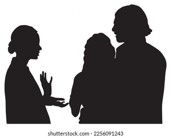 people talking silhouette. Silhouette of businessman and businesswoman talking. three people talk to each other silhouette.