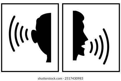 People talking. Speak and listen. Silhouettes of people talking signs or symbols, man with open mouth, man with ears and sound waves, voice commands. Vector illustration