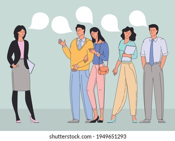 People talking or speaking and communicating. Chatting men, women and couples with speech bubbles. Dialogues between characters. Flat vector illustration.