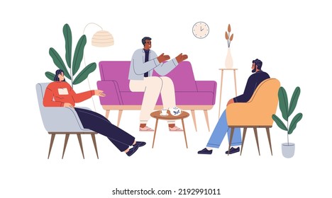 People talking, speaking in living room. Friends communication, conversation, meeting, gathering. Men, women sitting on sofa at home lounge. Flat vector illustration isolated on white background