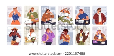 People talking, speaking on mobile cell phones set. Men, women, child, old person calling, chatting by smartphone from home, office, bed. Communication by cellphone. Flat graphic vector illustrations