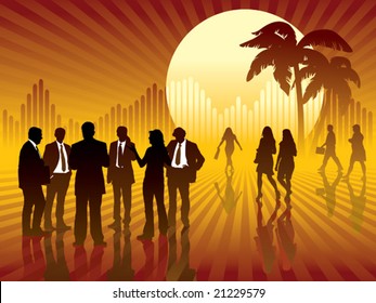 People are talking, sun and graph in the background, conceptual business illustration.