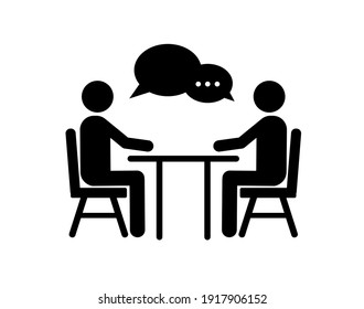 People talking at a table. Speaking people icon. People conversation with speech bubbles. Vector illustration.