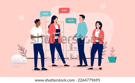 People talking - Team standing in office having conversation and dialogue in professional casual clothes with speech bubbles. Flat design vector illustration