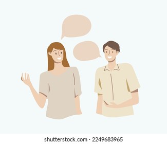 People talking, telling or speaking. Communication concept.Couple chatting with speech bubbles.Men and women meeting.Dialogue between characters.
