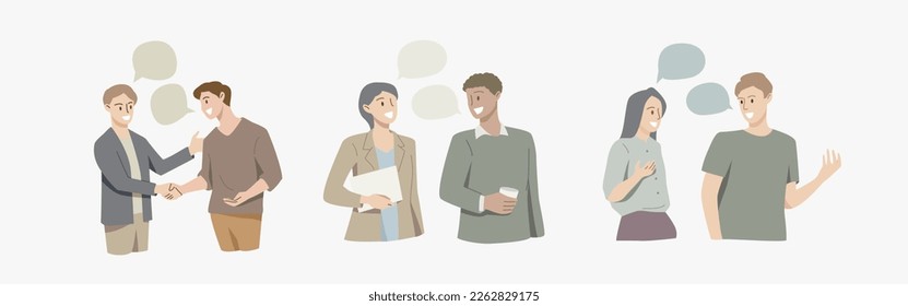 People talking, telling or speaking. Communication concept.Couple chatting with speech bubbles.Men and women meeting.Dialogue between characters.