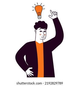 People talking and thinking. Man came up with an idea.Brainstorm doodle hand drawn elements.Light bulb with concept of new idea.