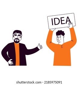 People talking and thinking.Two men talk.Businessmen discuss social network.Brainstorm doodle hand drawn elements.Came up with an idea.Man holding up his index finger.
