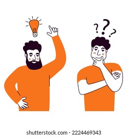 People talking and thinking.Two men talk.Businessmen discuss social network.Brainstorm doodle hand drawn elements.Light bulb with concept of new idea.Man holding up his index finger.