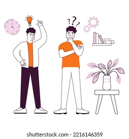 People talking and thinking office.Two men talk.Businessmen discuss social network.Brainstorm doodle hand drawn elements.Light bulb with concept of new idea.Man holding up his index finger.