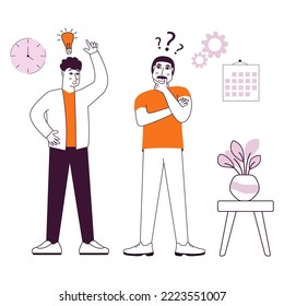 People talking and thinking office.Two men talk.Businessmen discuss social network.Brainstorm doodle hand drawn elements.Light bulb with concept of new idea.Man holding up his index finger.