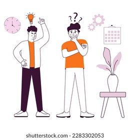 People talking and thinking office.Two men talk.Businessmen discuss social network.Brainstorm doodle hand drawn elements.Light bulb with concept of new idea.Man holding up his index finger.