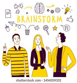 People talking and thinking together. Including doodle elements. Brainstorm doodle illustration for your design. 