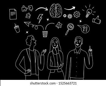 People talking and thinking together. White on black drawing. Including doodle elements. Brainstorm and teamwork  illustration for your design. 