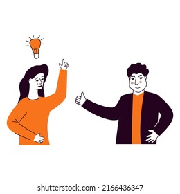 People talking and thinking.Man and woman talk.Businessmen discuss social network.Brainstorm doodle hand drawn elements.Light bulb with concept of new idea.Man holding up his index finger.