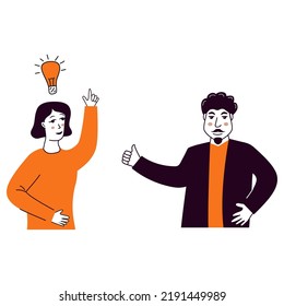 People talking and thinking.Man and woman talk.Businessmen discuss social network.Brainstorm doodle hand drawn elements.Light bulb with concept of new idea.Man holding up his index finger.