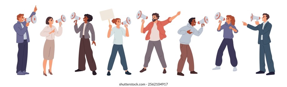 People talking through megaphone. Public speakers. Agitators shouting into loudspeakers. Different poses. Persons agitating and announcing. Demonstration activist. Garish