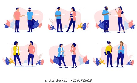Colección de personas hablando juntas - Conjunto de ilustraciones con personajes profesionales que tienen diálogo y conversación cara a cara de pie con ropa informal. Diseño plano con fondo blanco