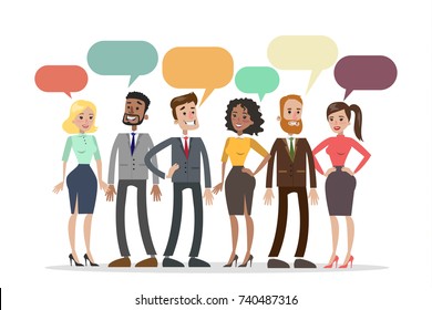 People talking together with colorful speech bubbles.