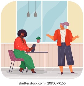 People are talking together. Female friends are communicating, having conversation. Communication of colleagues at workplace. Dialogue, conversation, talking and gesturing while meeting at work