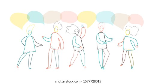 People talking together. Happy men and women - art illustration about friendship. Flat vector border isolated on white - teamwork concept.