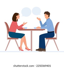 People talking together. Man and woman  conversation with speech bubbles. Flat vector illustration