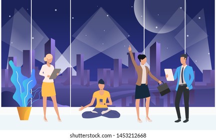 People talking, using gadgets and meditating in co-working space. Technology concept. Vector illustration can be used for topics like communication, network, modern office