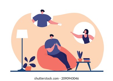 Menschen, die Vektorgrafik sprechen. Kommunikation flach Illustration. Junge Männer und Frauen, die auf sozialen Medien sitzen und sprechen.