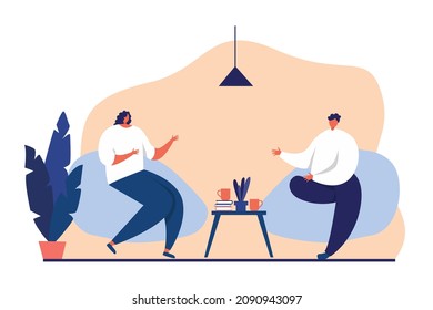 People talking vector illustration. Communication illustration. Young man and woman sitting and talking.