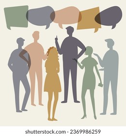 Die Leute reden. Vektorgrafik. Menschen benutzen ihre Worte, um sich auszudrücken und ihre Gedanken anderen zu vermitteln. Die Menschen, die Metapher sprechen, illustrieren den Machtdialog beim Schmieden von Verbindungen