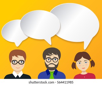people talking - white paper speech bubbles on orange background.
Vector illustration. speech bubble.