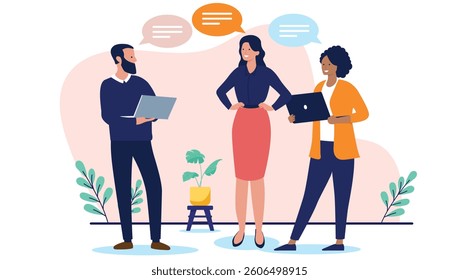 People talking at work - Group of three businesspeople working in office having a conversation, dialogue or discussion while standing and smiling. Flat design vector illustration on white background