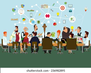 People talking and working at the computers in the office. Flat design style. vector illustration.