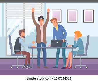 People talking and working in office. Staff around table with laptop discussing during the meeting. Cheerful businessmen communicate at work. Colleagues spend time together at a business meeting