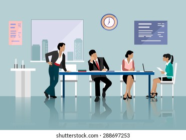 People Talking And Working In Office. Staff Around Table With Laptop Tablet. Meeting Room. 