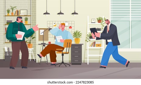 People talking at workplace. Office workers colleagues communication. Employees working under business project together, sitting at table, . Effective and productive team work, employee conversation