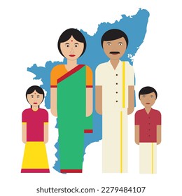 Personas de Tamil Nadu junto con el Mapa de Tamil Nadu , ilustraciones vectoriales de personas del sur de India