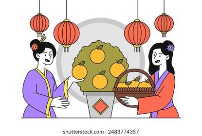 People with tangerines. Man and woman in Asian costumes with baskets picking citrus fruits. Natural and organic products with vitamins. Linear flat vector illustration isolated on white background